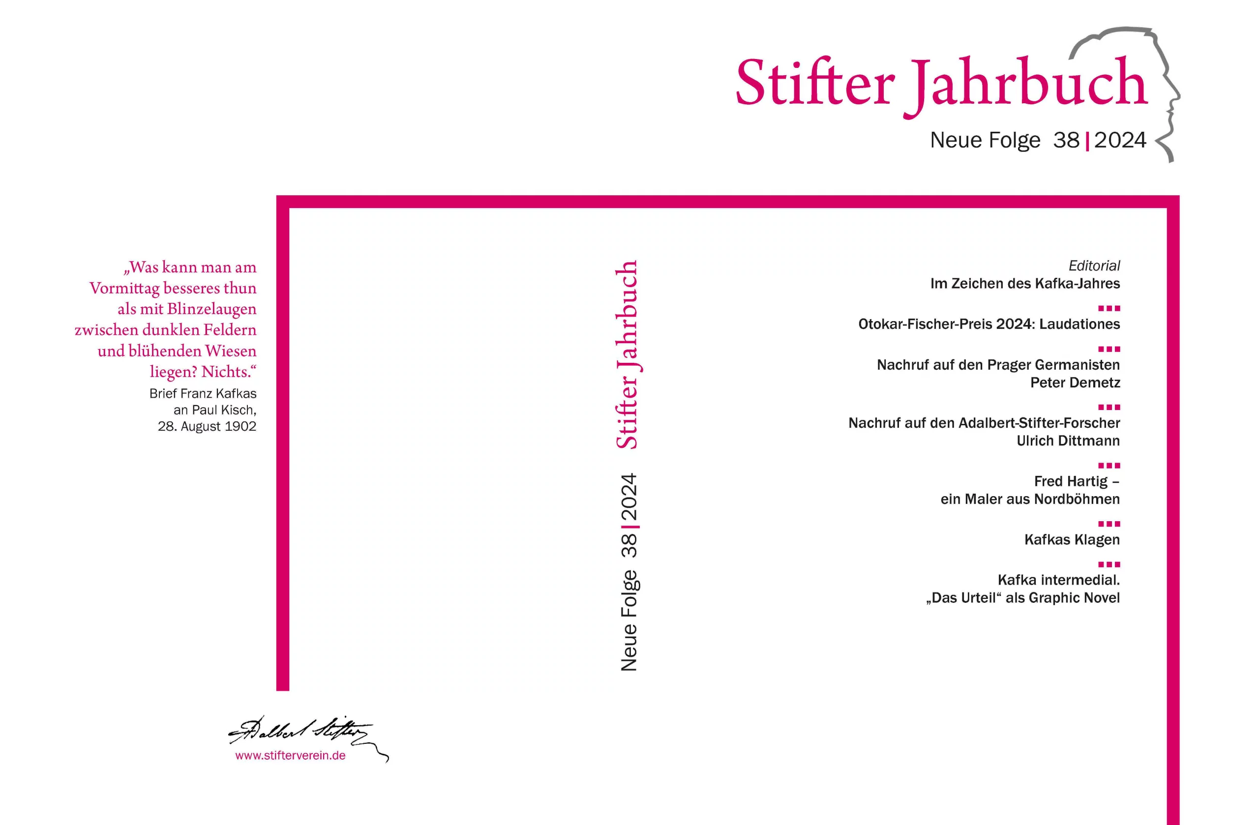 Jahrbuch 38/2024 Umschlag des Jahrbuchs 38/2024 mit Inhaltsverzeichnis und folgendem Kafka-Zitat: „Was kann man am Vormittag besseres thun als mit Blinzelaugen zwischen dunklen Feldern und blühenden Wiesen liegen? Nichts.“
