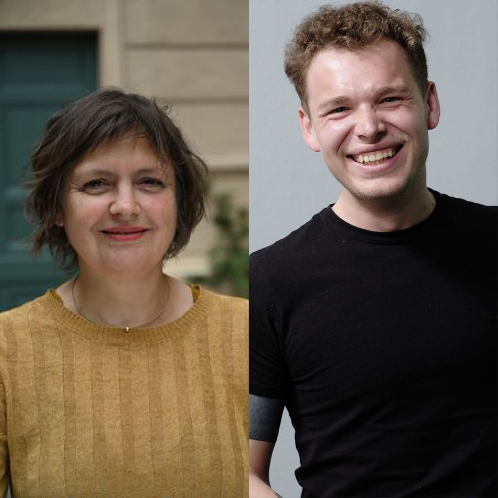 Ein horizontal geteiltes Bild zeigt links Stefanie Gerhold, eine lächelnde Frau mit kurzen Haaren in einem senfgelben Pullover und rechts Šimon Leitgeb, einen lachenden Mann mit lockigem Haar und einem schwarzen T-Shirt.