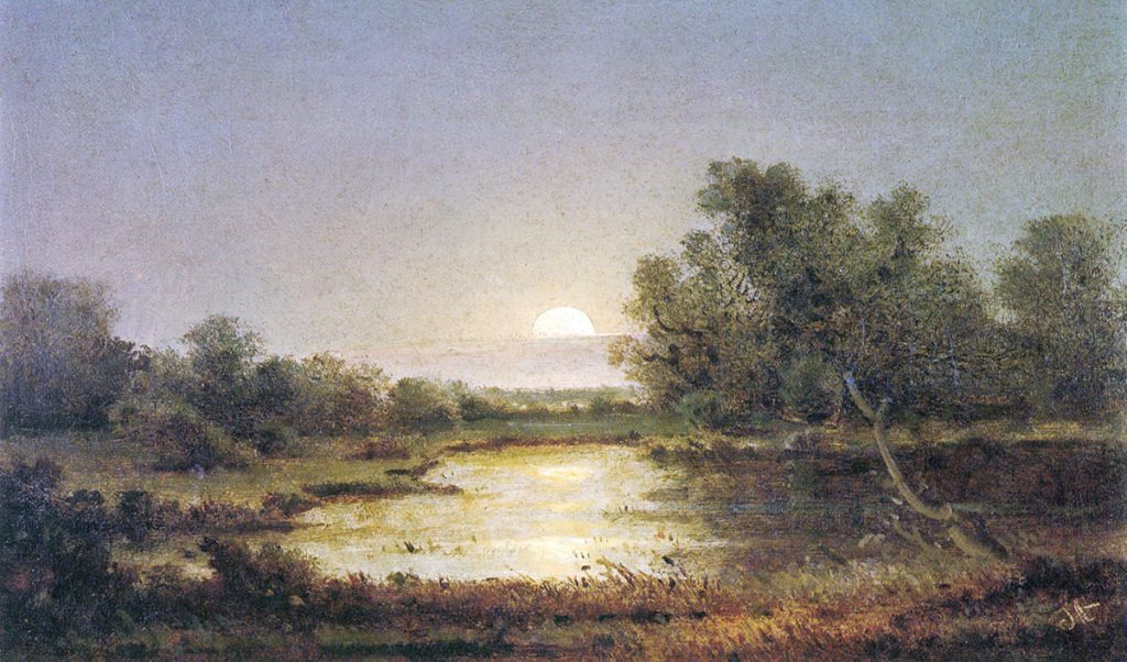 Gemälde Adalbert Stifters einer Flusslandschaft mit untergehender Sonne