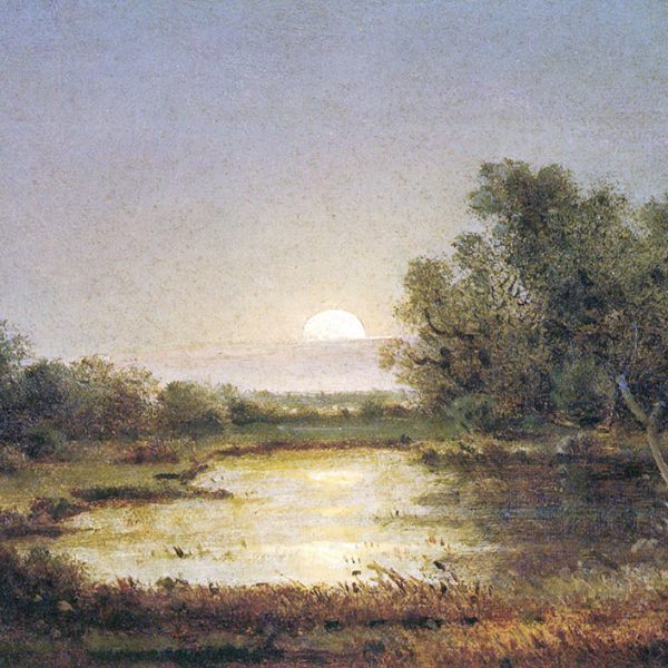 Gemälde Adalbert Stifters einer Flusslandschaft mit untergehender Sonne