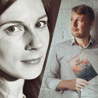 Links Schwarzweiß-Porträtfoto einer Frau, rechts ein Porträtfoto eines Mannes mit einem Buch in der Hand